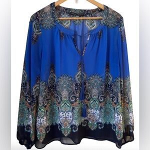 Rose & Olive brght blu & blk paisley blouse WM M boho paisley